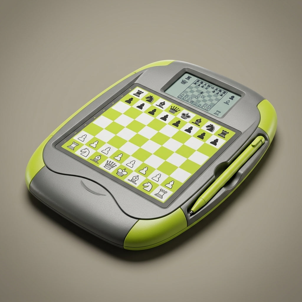 Green handheld electronic chess computer with LCD screen and stylus
