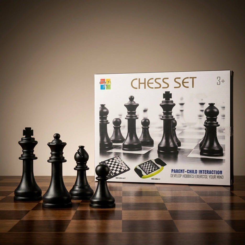 Chess Set box behind four black chess pieces on a wooden board