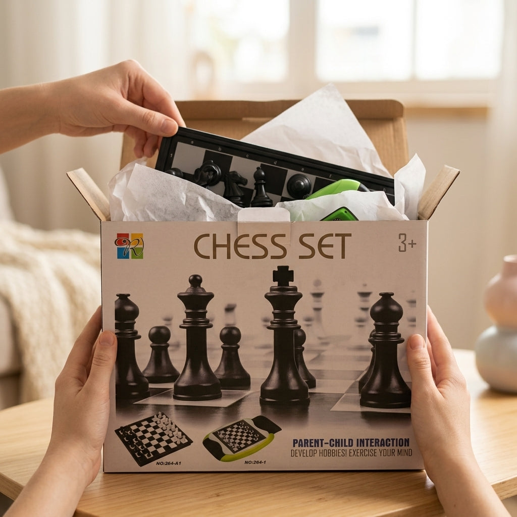 Chess Set box opened to show the board and pieces inside