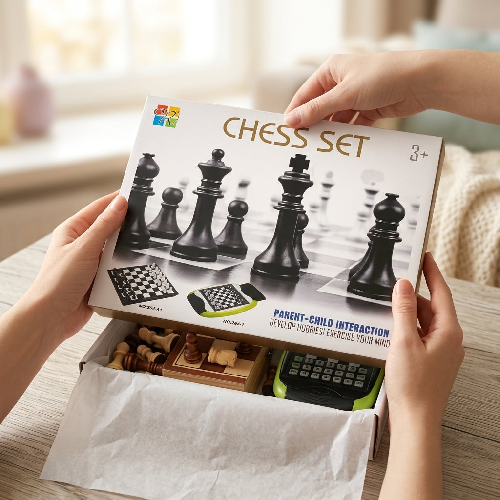 Hands opening the Chess Set box to reveal pieces and a chess timer