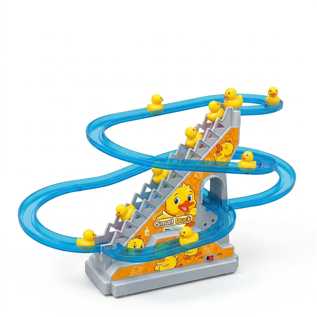 Small Duck escalator track playset with yellow ducks on the stairs and slide