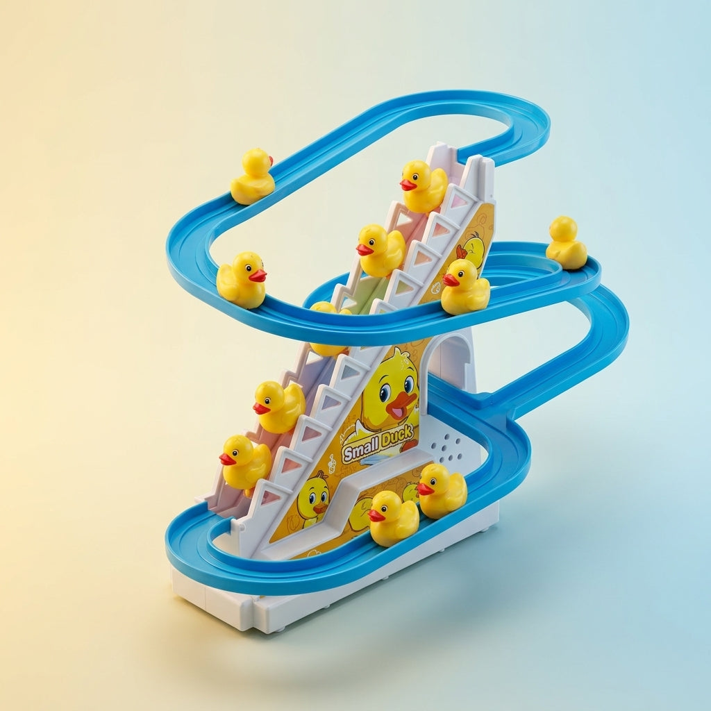 Duck climbing stairs playset with looping blue slide track, angled view