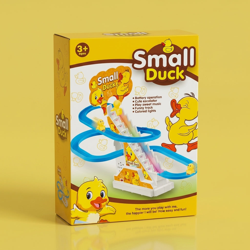 Small Duck escalator playset retail box on a yellow studio background