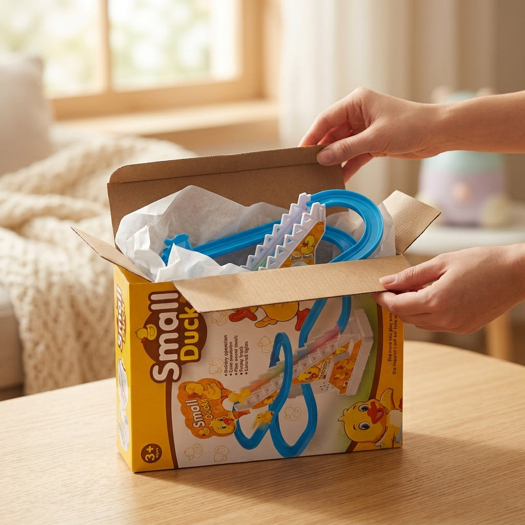 Small Duck playset box opened to show the blue track and staircase