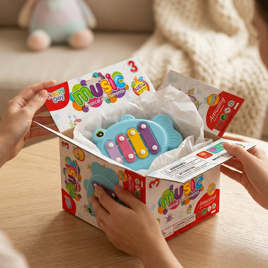 Hands opening the fish xylophone retail box