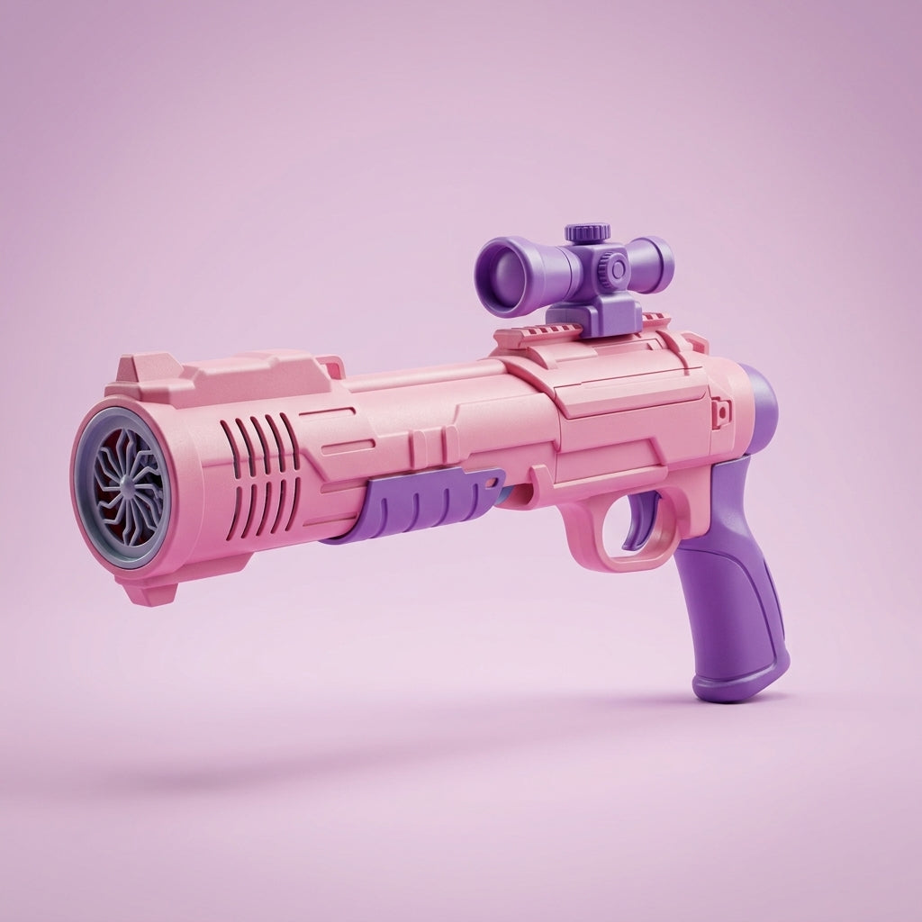Pink bubble blaster with purple scope and grip