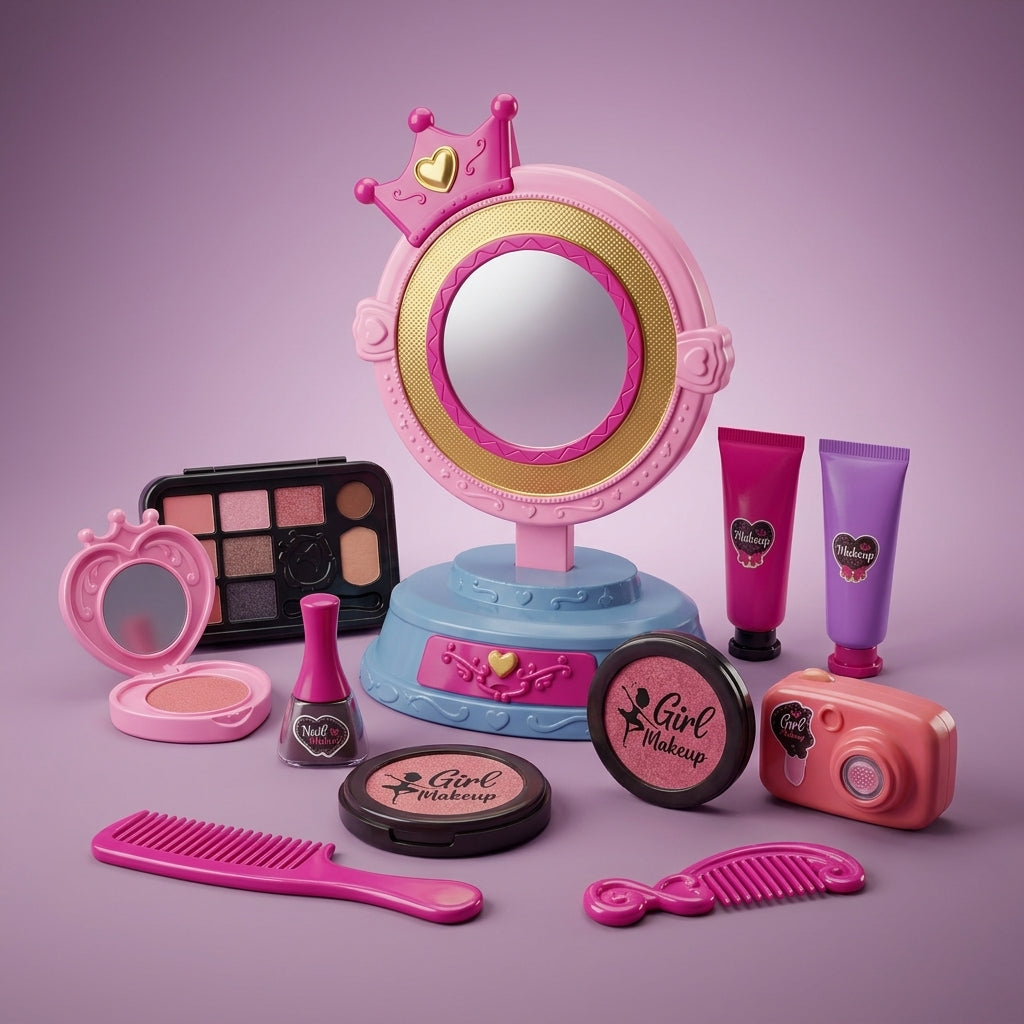 Crown-topped vanity mirror with toy makeup accessories on a mauve backdrop