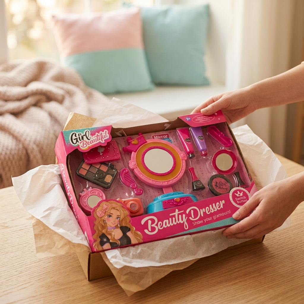 Beauty Dresser box lifted from a shipping carton on a wooden table