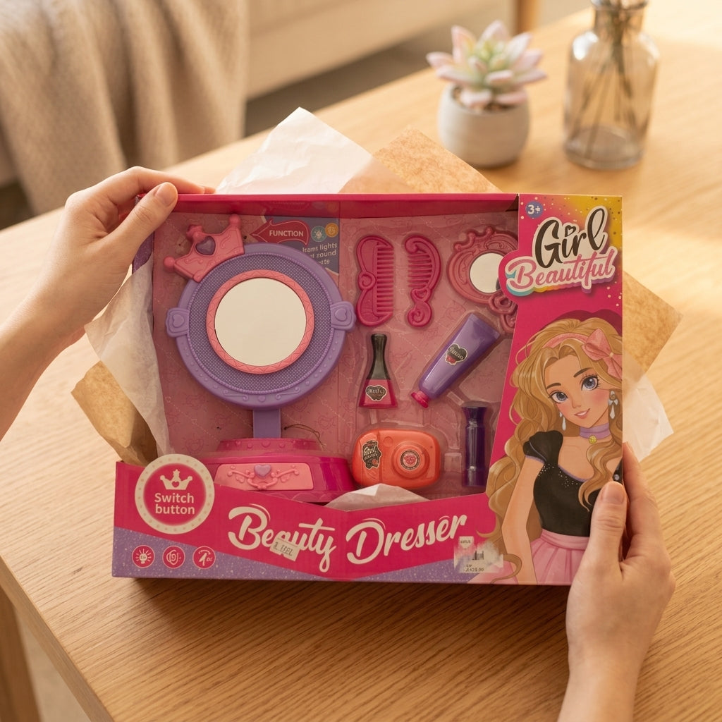 Beauty Dresser vanity set being unpacked from its display box