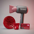 Toy hair dryer with diffuser, nozzle attachment and VIP salon card