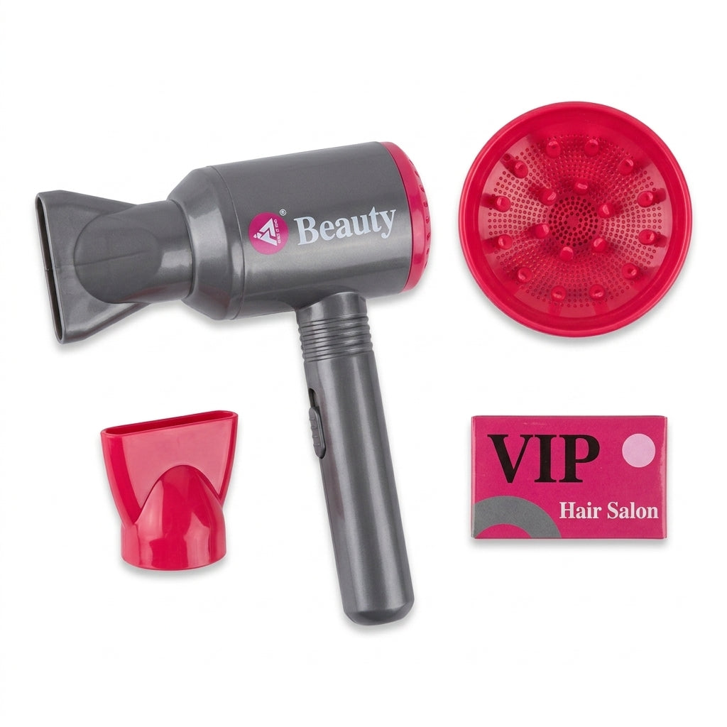 Grey and pink toy hair dryer styling set laid flat on white background