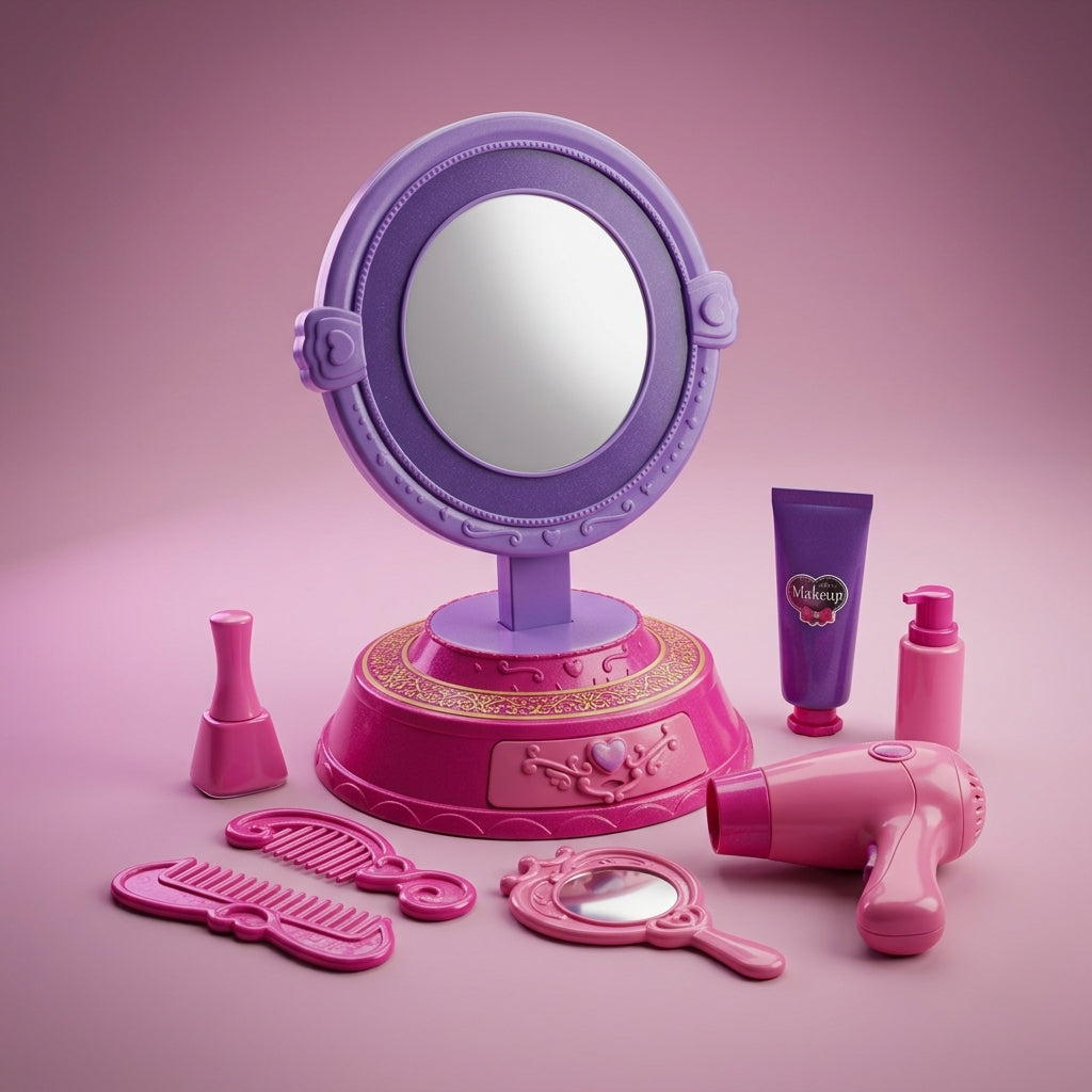 Purple vanity mirror on a pink base with toy hair dryer, combs and cosmetics