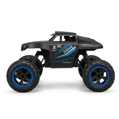 Black and blue 1:14 RC 4WD climbing truck, side profile on white background