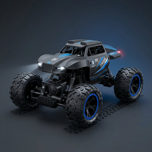 RC 4WD monster truck with headlights illuminated on a dark backdrop