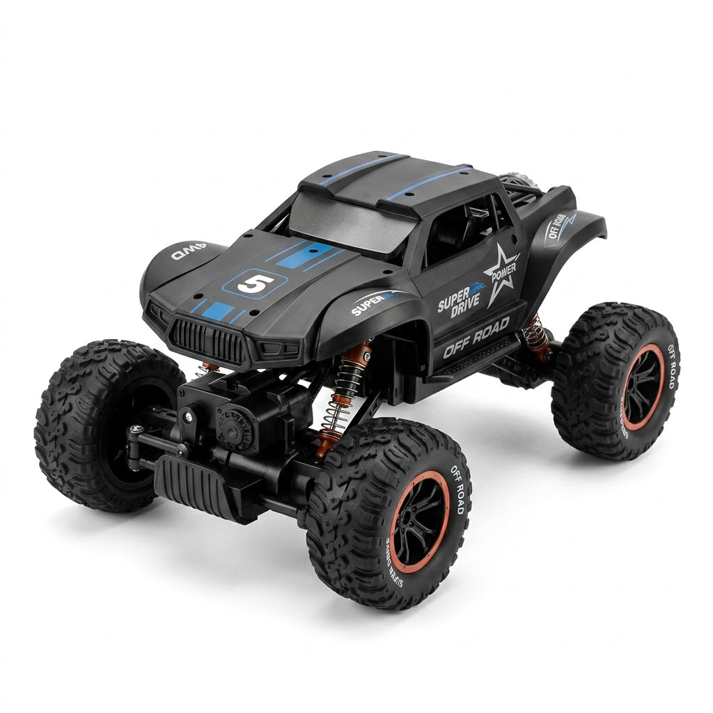 Matte black RC 4WD off-road truck, front three-quarter view