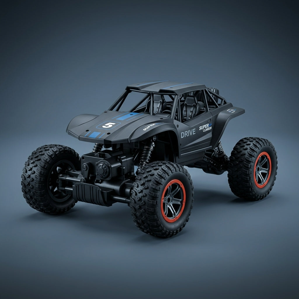 RC off-road climbing truck with exposed suspension and roll cage