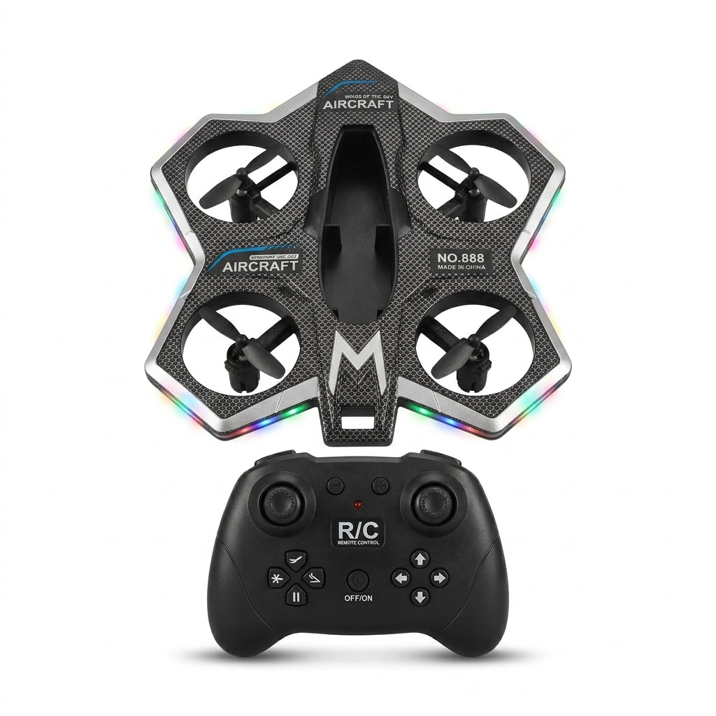 Black LED quadcopter drone with shrouded rotors and remote control on white