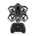 Black LED quadcopter drone with shrouded rotors and remote control on white