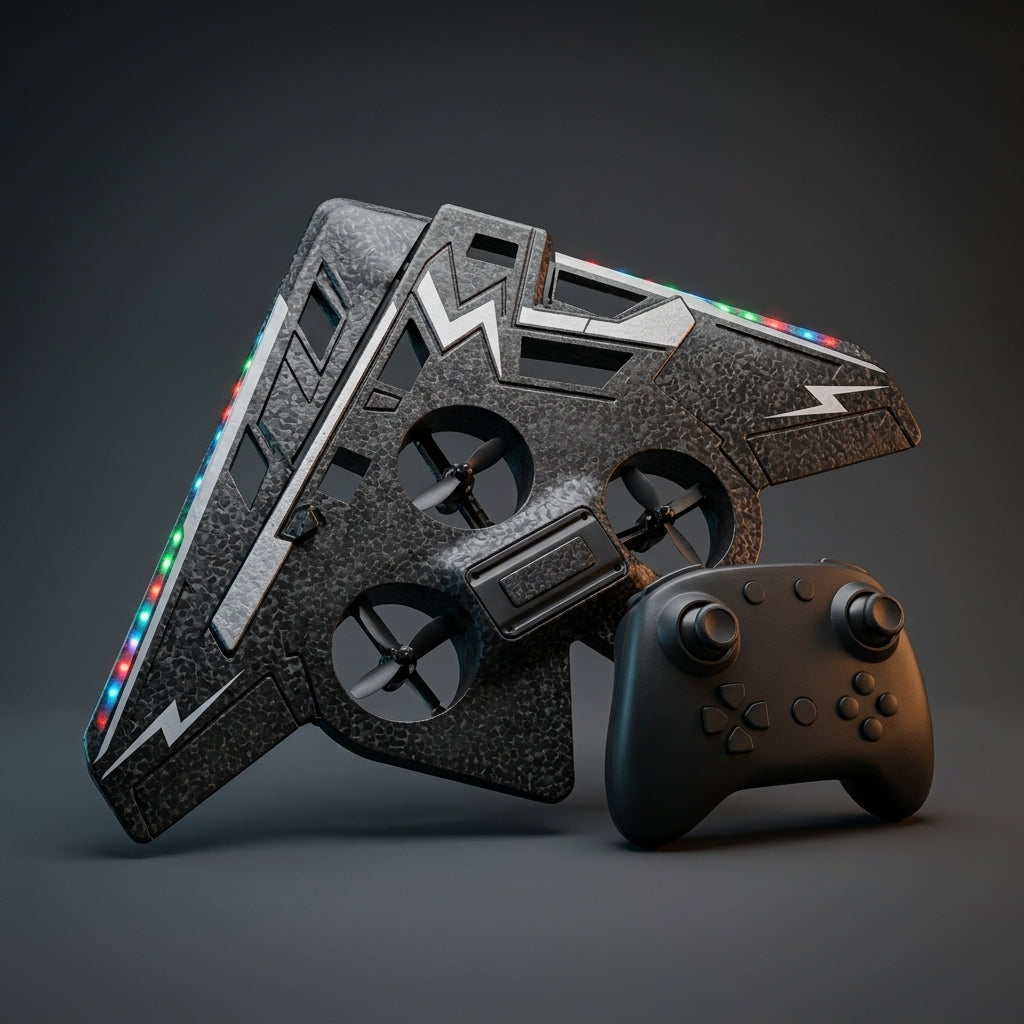 Gunmetal LED drone with RGB edge lighting and gamepad controller
