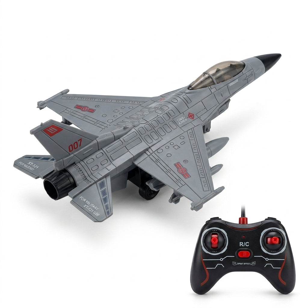 Grey RC fighter jet with gamepad controller on white background