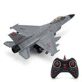 Grey RC fighter jet with gamepad controller on white background