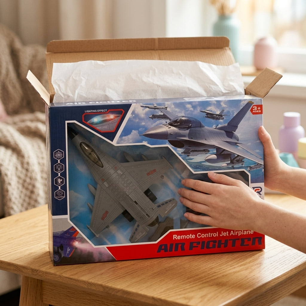 Air Fighter RC jet box being unpacked from a shipping carton