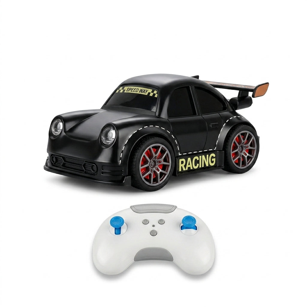Black mini RC race car with its remote controller on white background