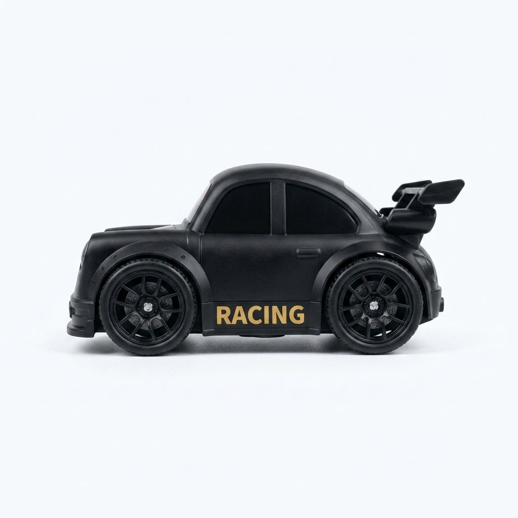 Matte black toy race car with rear spoiler, side profile
