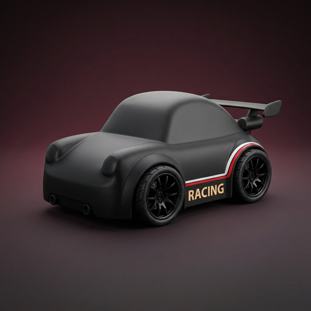 Black racing coupe toy car with red and white stripe, rear three-quarter view