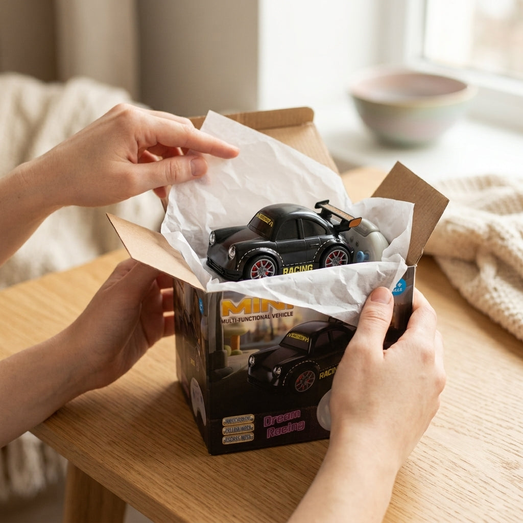 Hands opening the Dream Racing mini RC car box