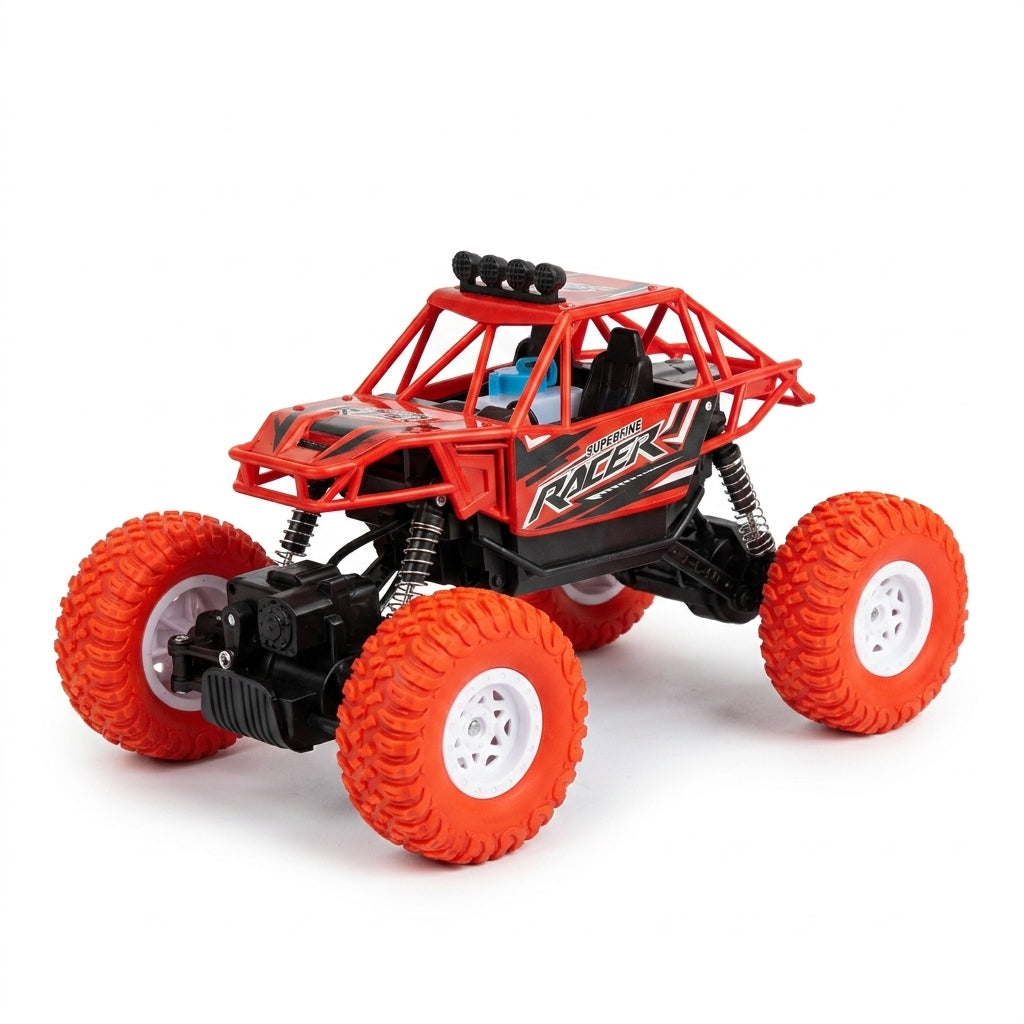 RC roll-cage rock crawler buggy, front three-quarter view on white