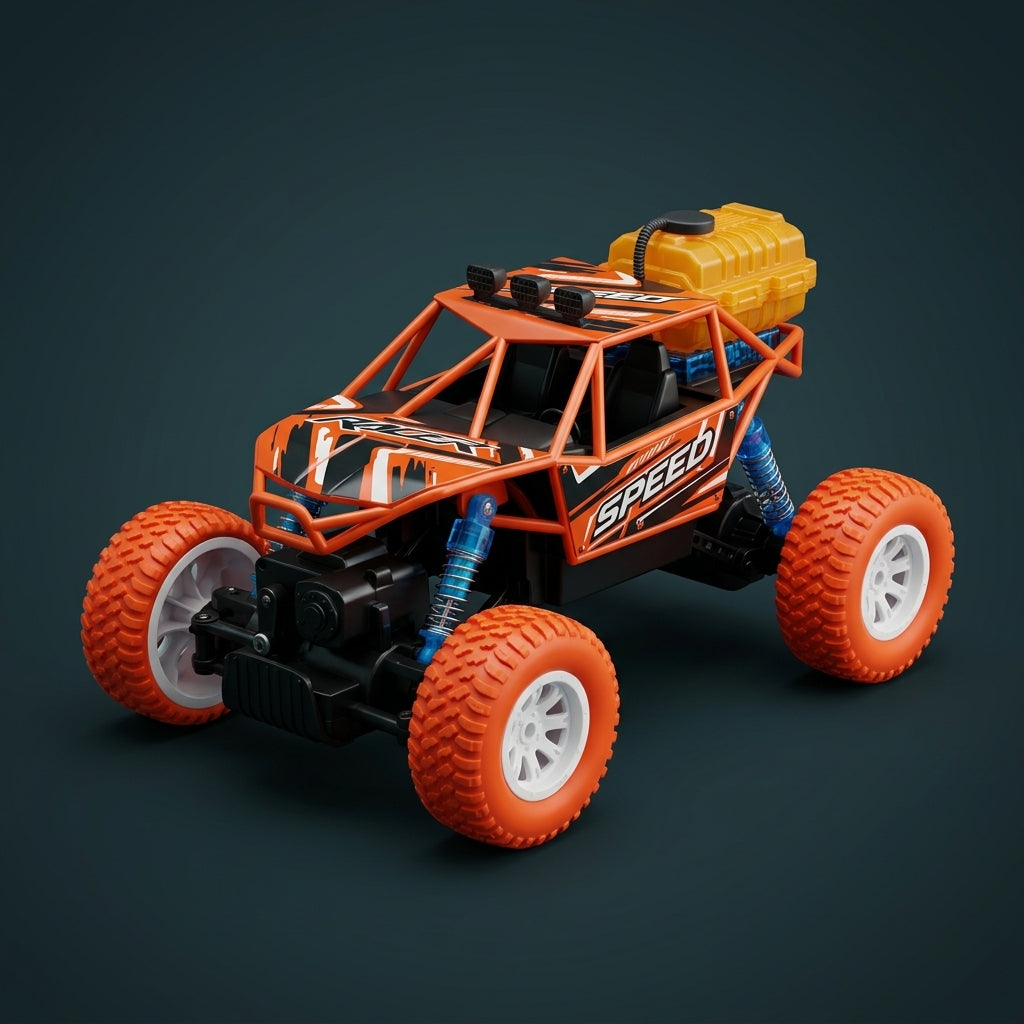 Orange and black RC roll-cage off-road buggy on a dark backdrop