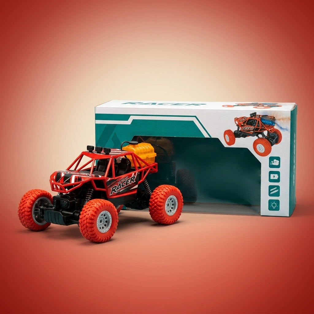Red RC roll-cage buggy staged in front of its window box