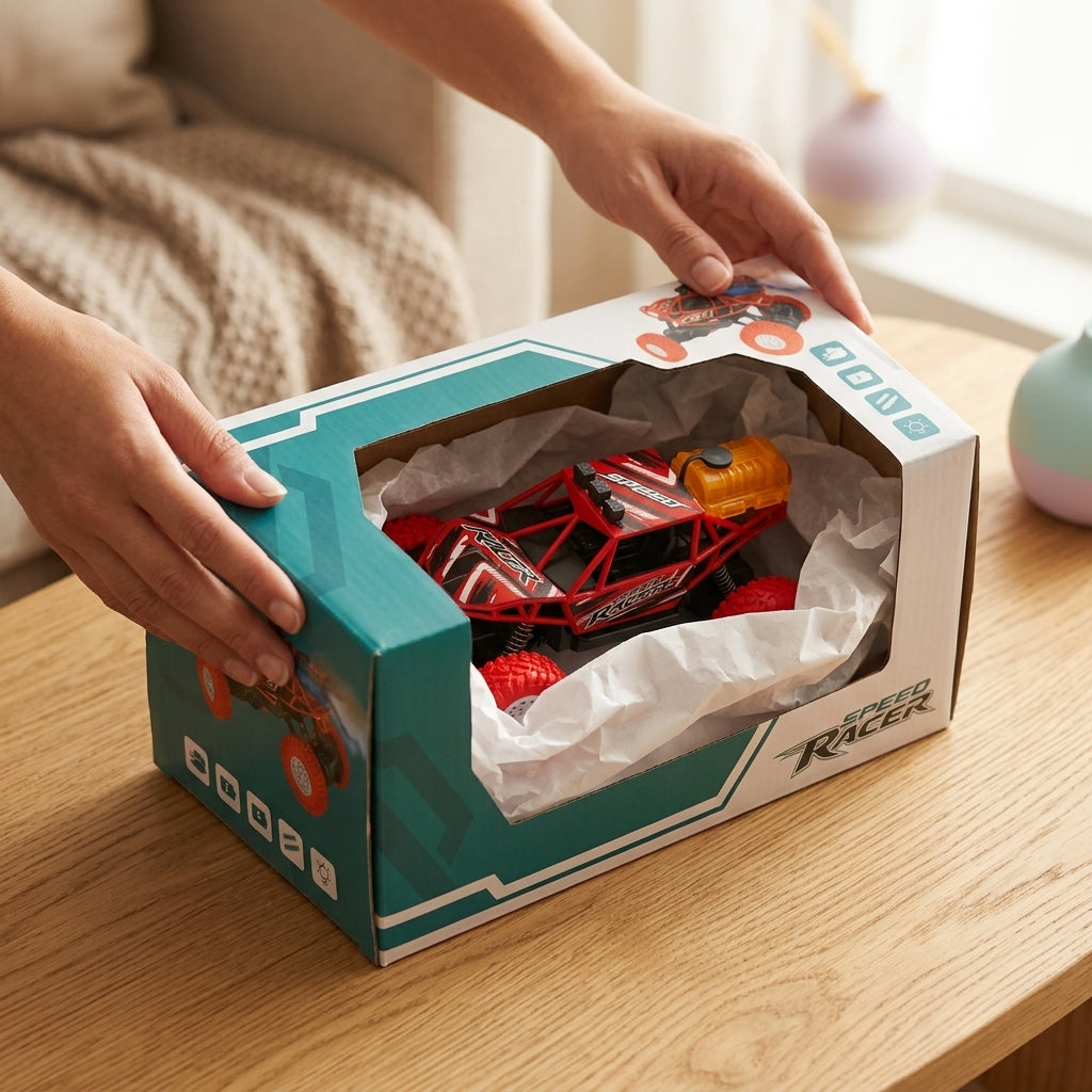Speed Racer RC buggy retail box on a wooden table