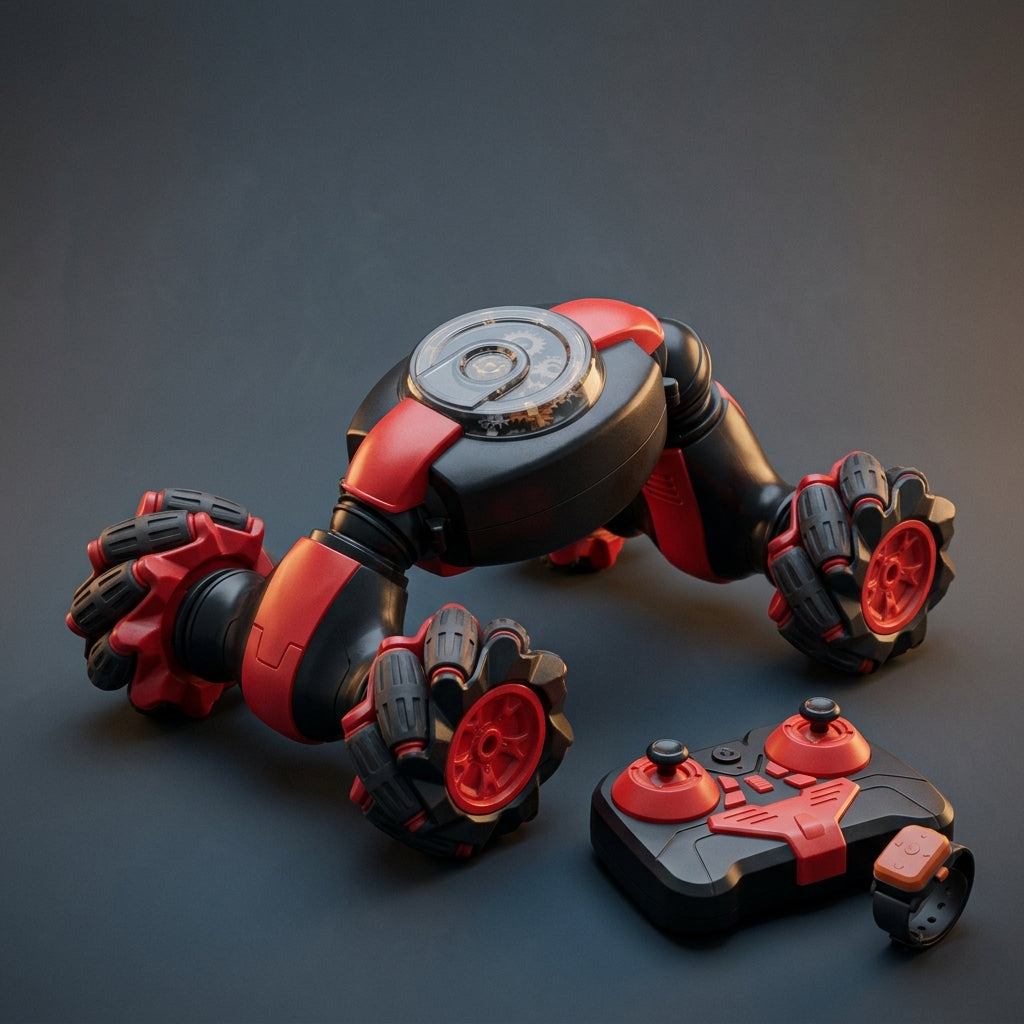 Red and black RC twist stunt car with omni-directional wheels, controller and wristband