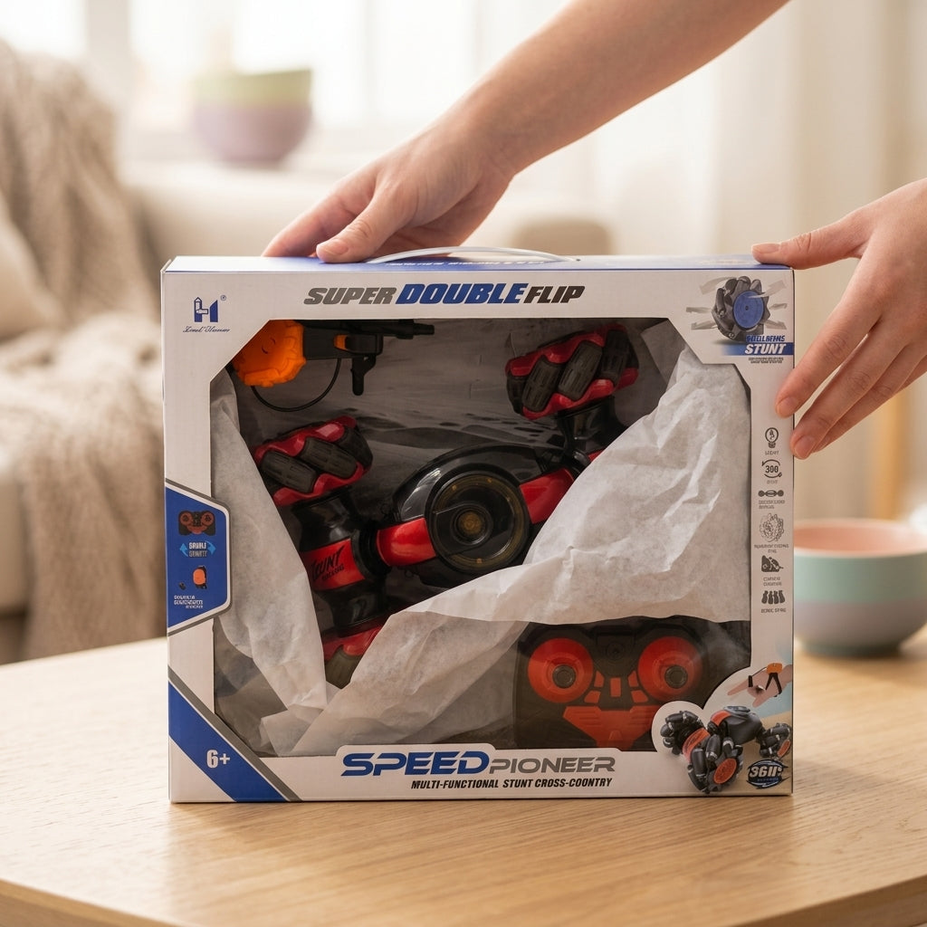 Speed Pioneer Super Double Flip stunt car retail box on a wooden table