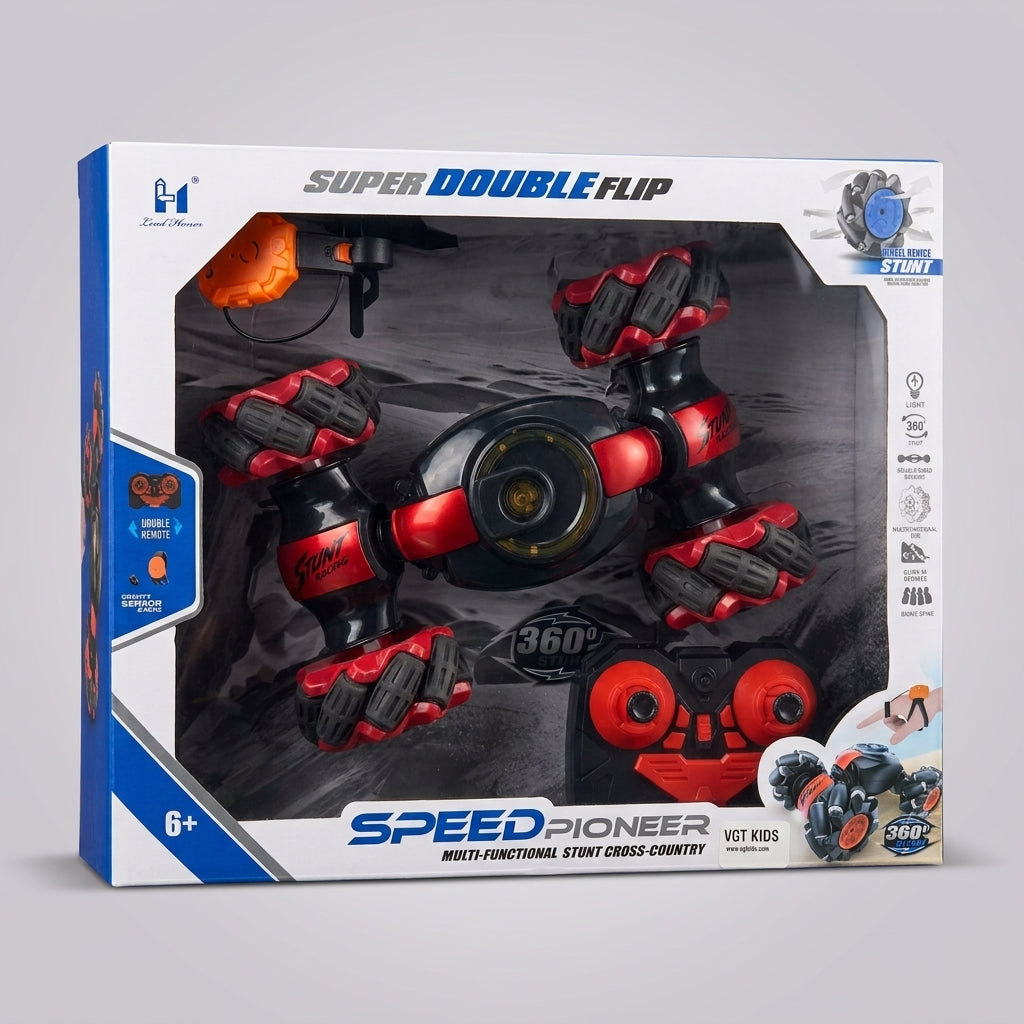 Speed Pioneer RC stunt car box front showing car, wristband and remote
