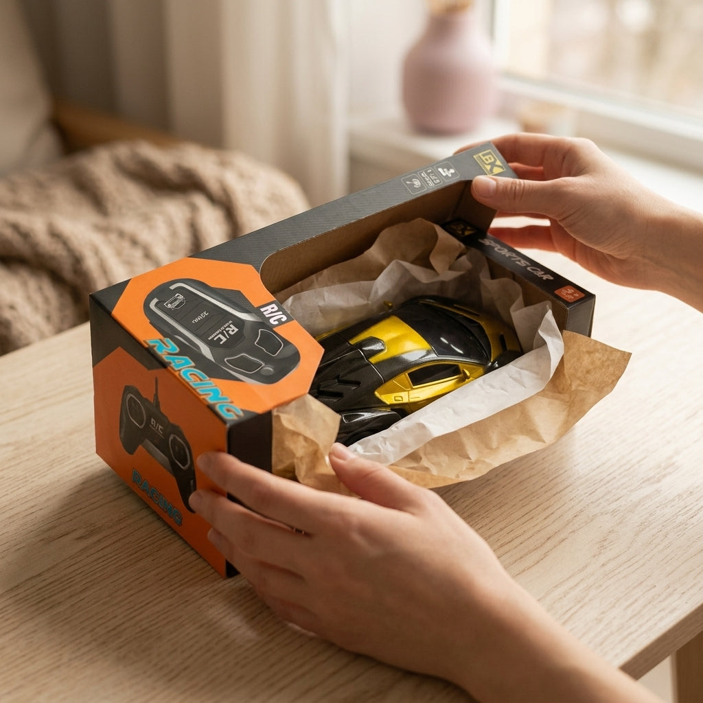 Hands opening the RC sports car retail box