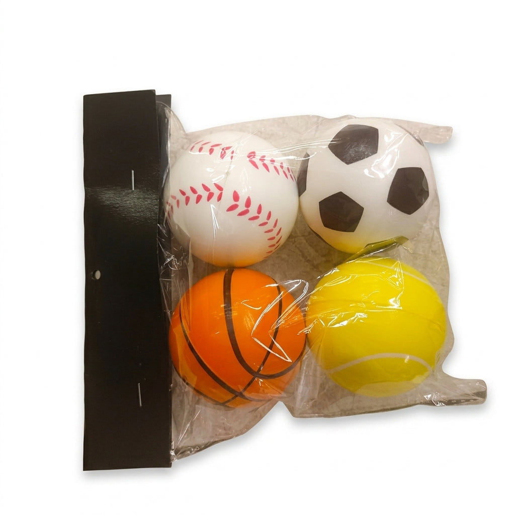 Four soft foam sports balls in a clear polybag with black header card