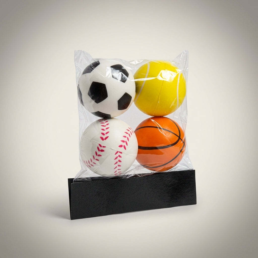 Sealed four-pack of soft sports balls in retail polybag