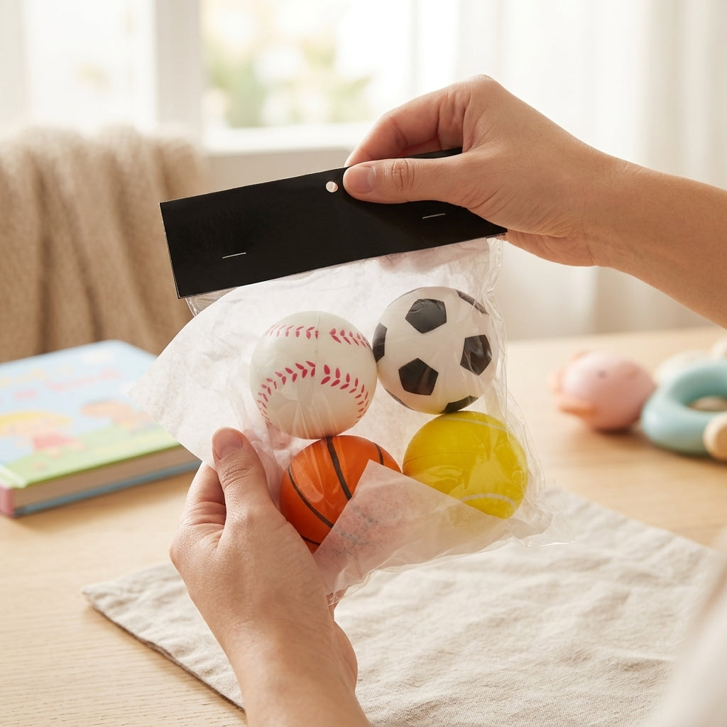 Hands opening the header card on a set of four soft sports balls