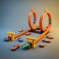 Double-loop stunt race track assembled with a fleet of toy cars