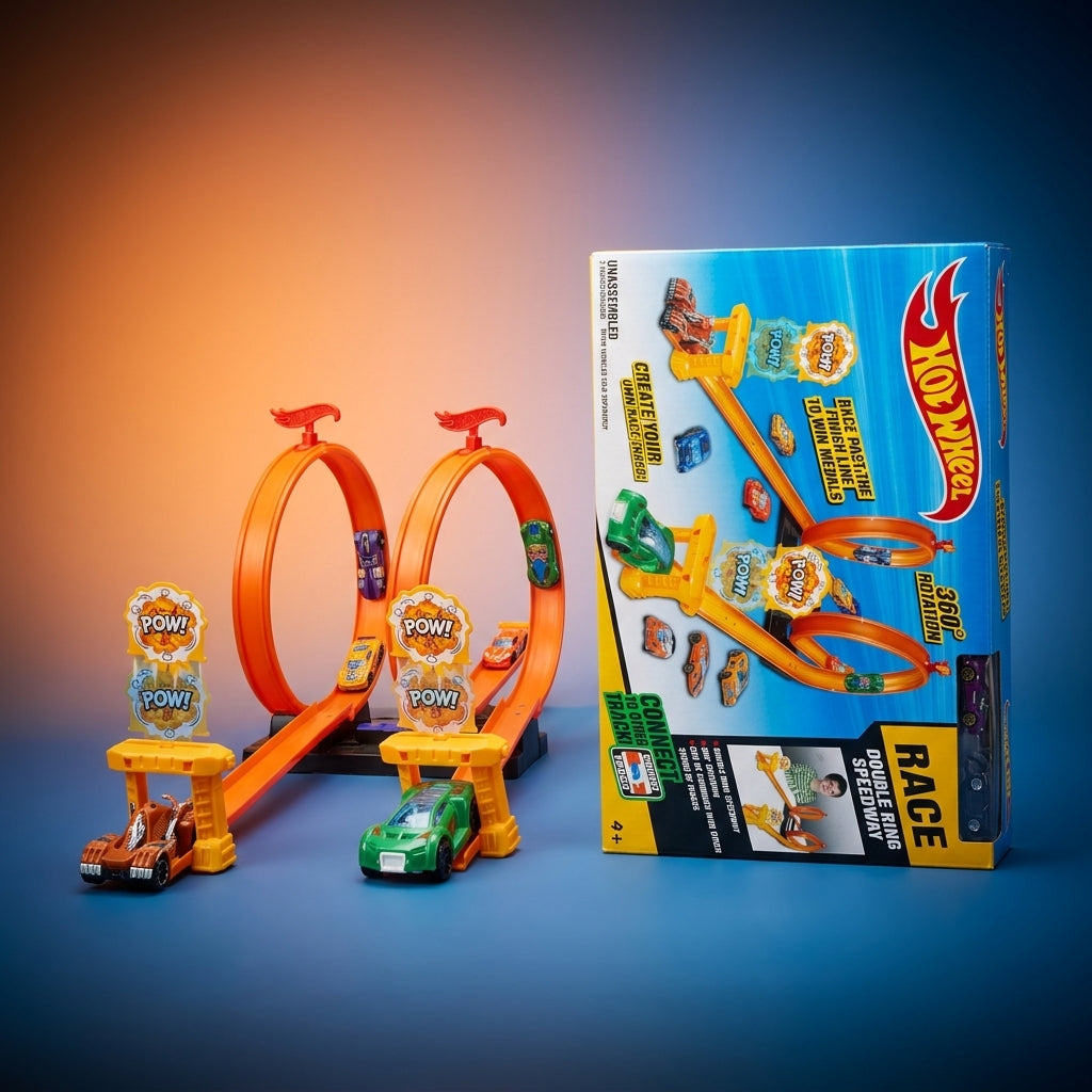 Double Ring Speedway track set assembled beside its retail box
