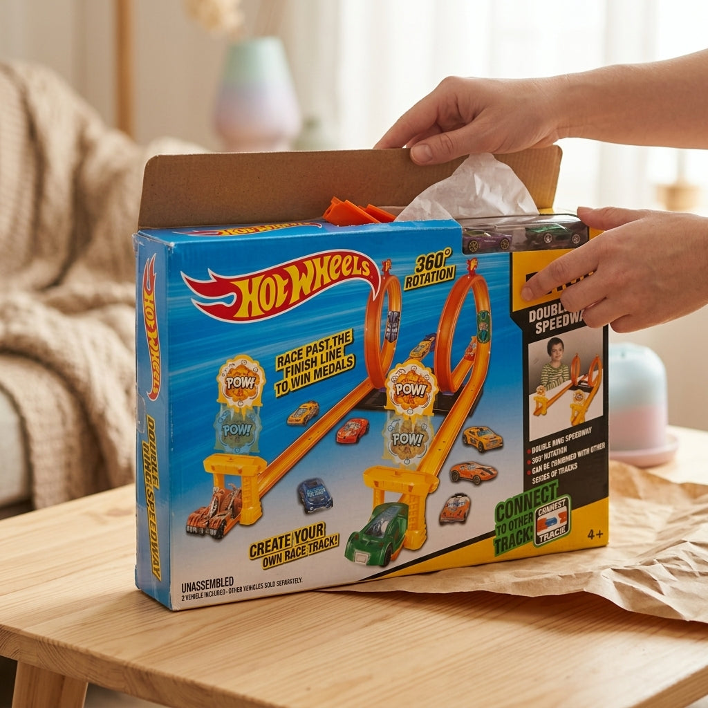 Hands opening the Double Ring Speedway track set box