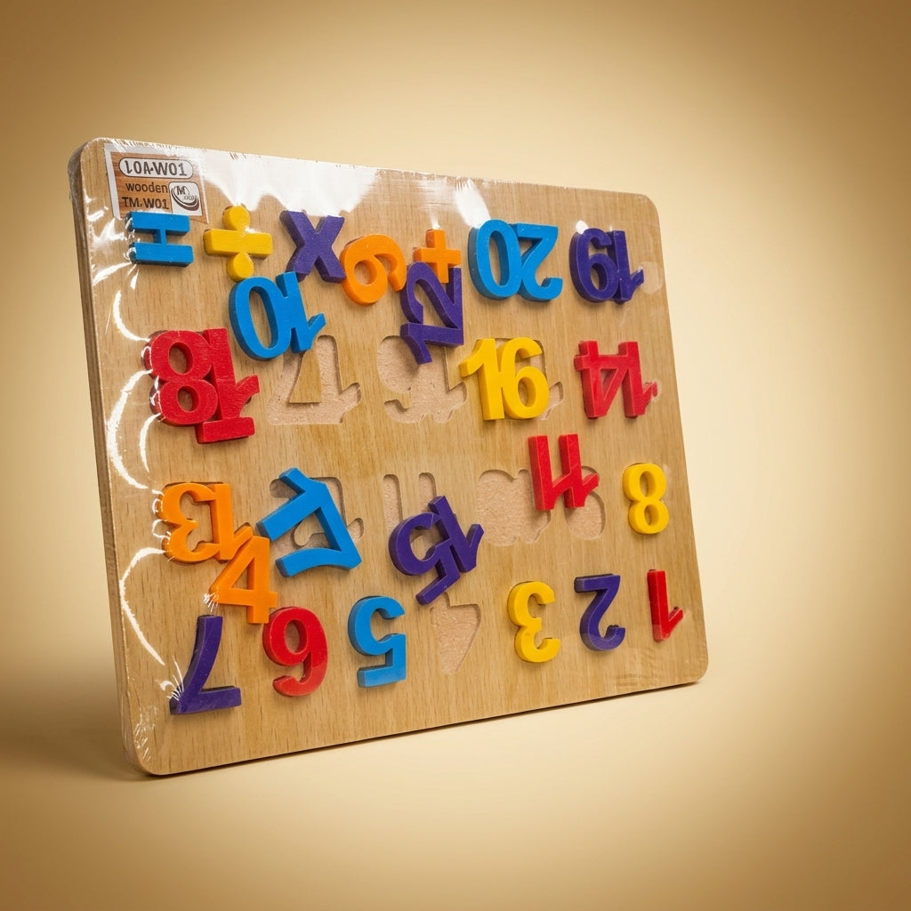 Wooden numbers and maths puzzle board in factory shrink wrap, standing upright