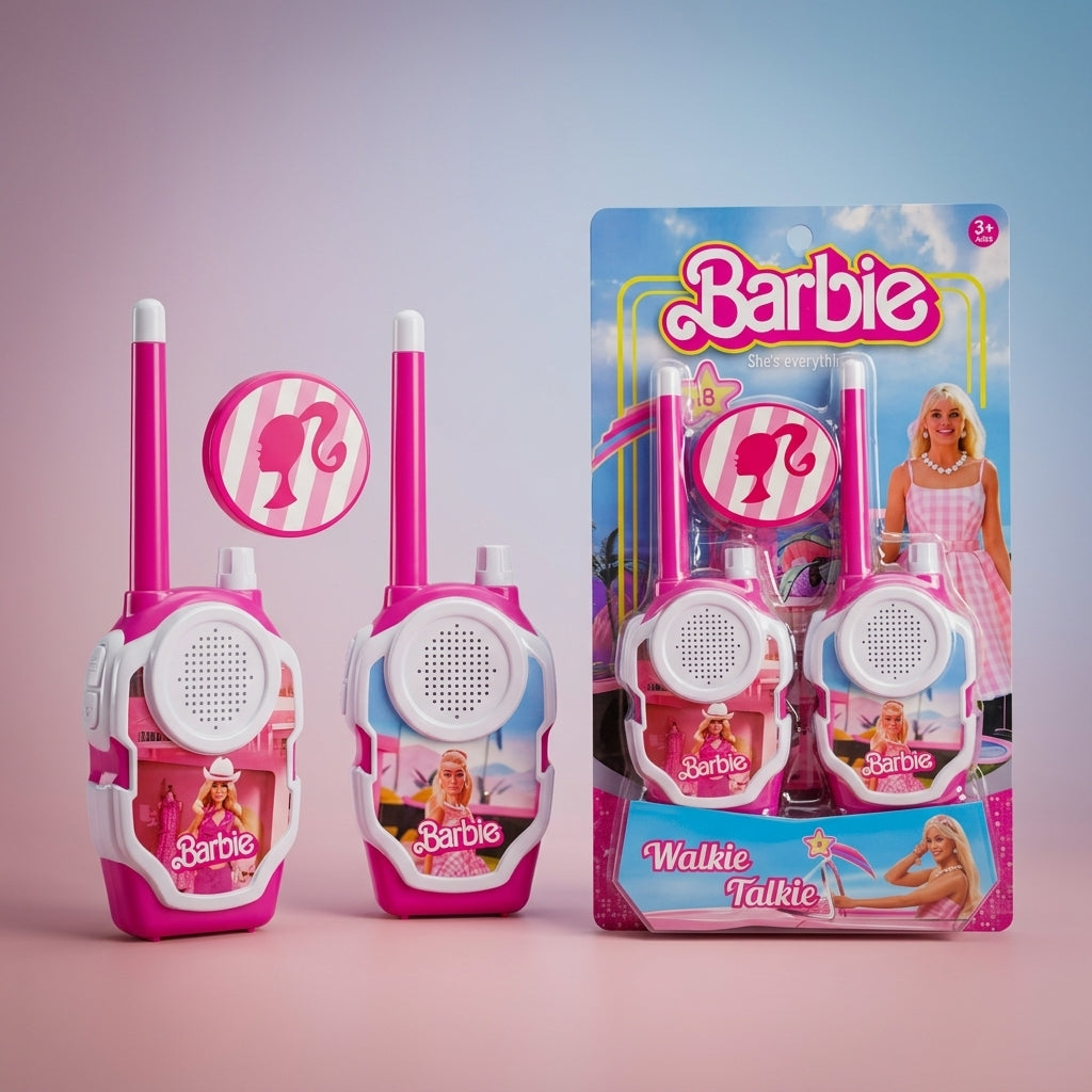 Barbie walkie talkie set shown beside its blister card packaging