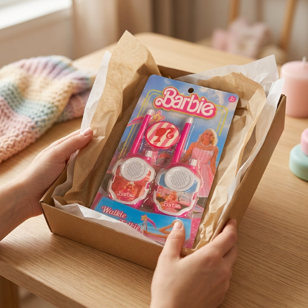 Barbie walkie talkie blister card being unpacked from a kraft box