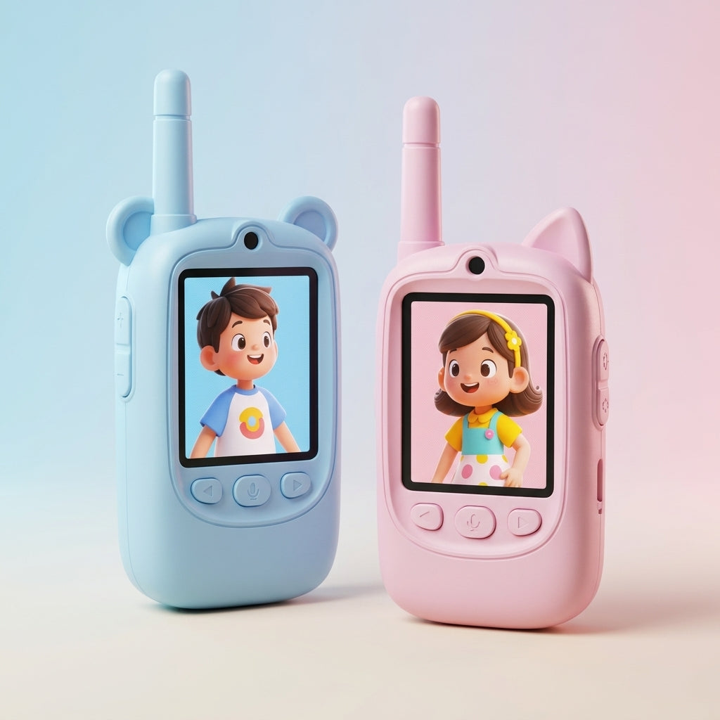 Pair of children's walkie talkies with cartoon animal-ear housings, pink and blue