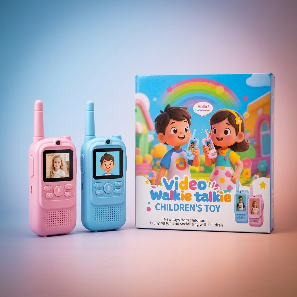 Kids video walkie talkie set shown with its retail box