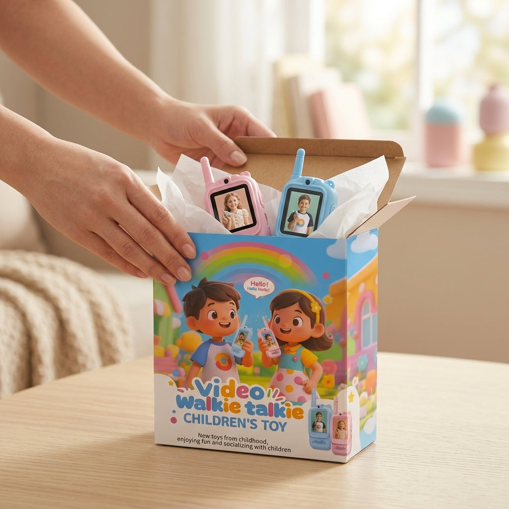 Hands opening the Video Walkie Talkie retail box